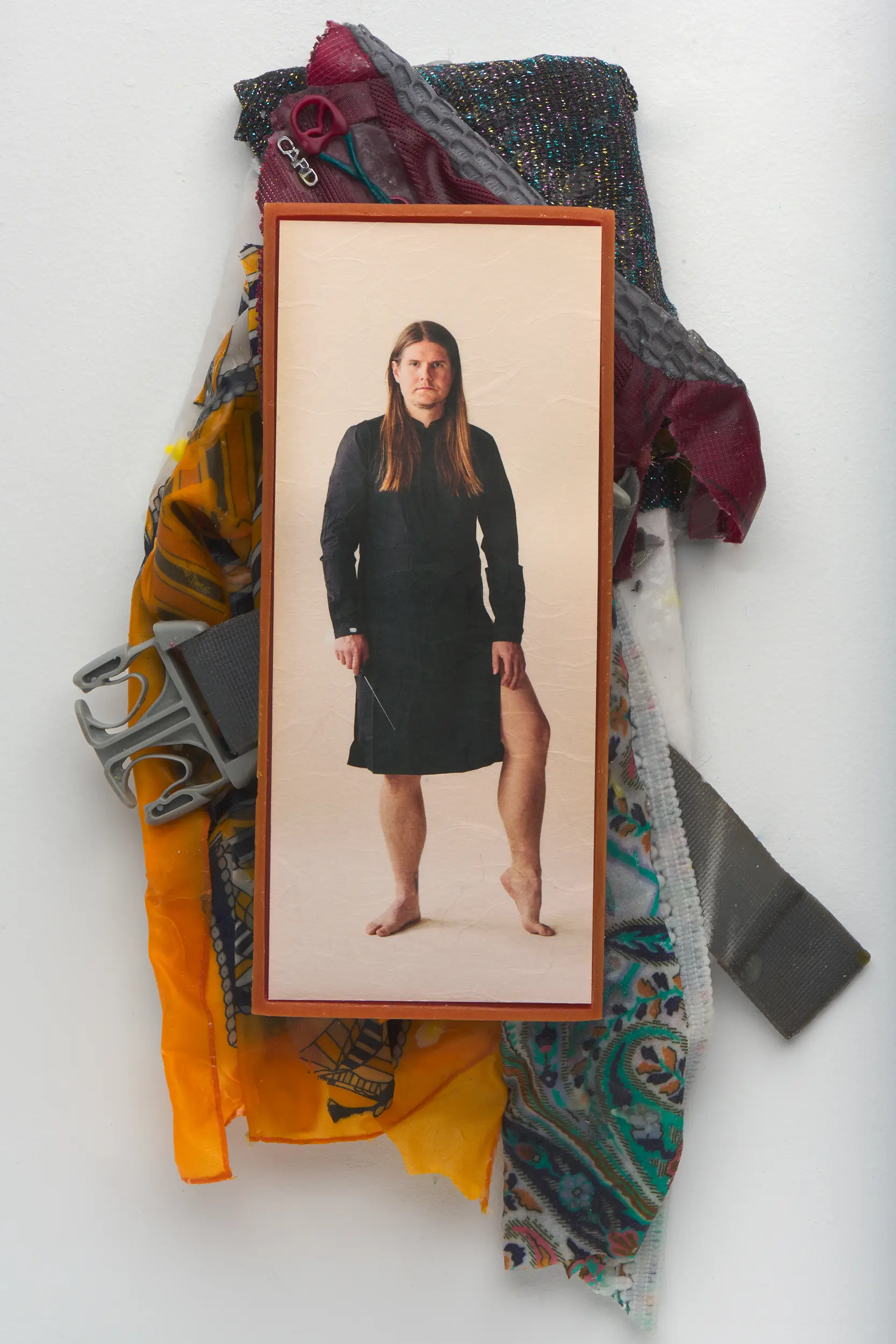 Mon, 2024, 42 x 21 x 8cm, Inkjet print on Handmade Japanese paper, found clothes and accessories, wax, wood, Unique